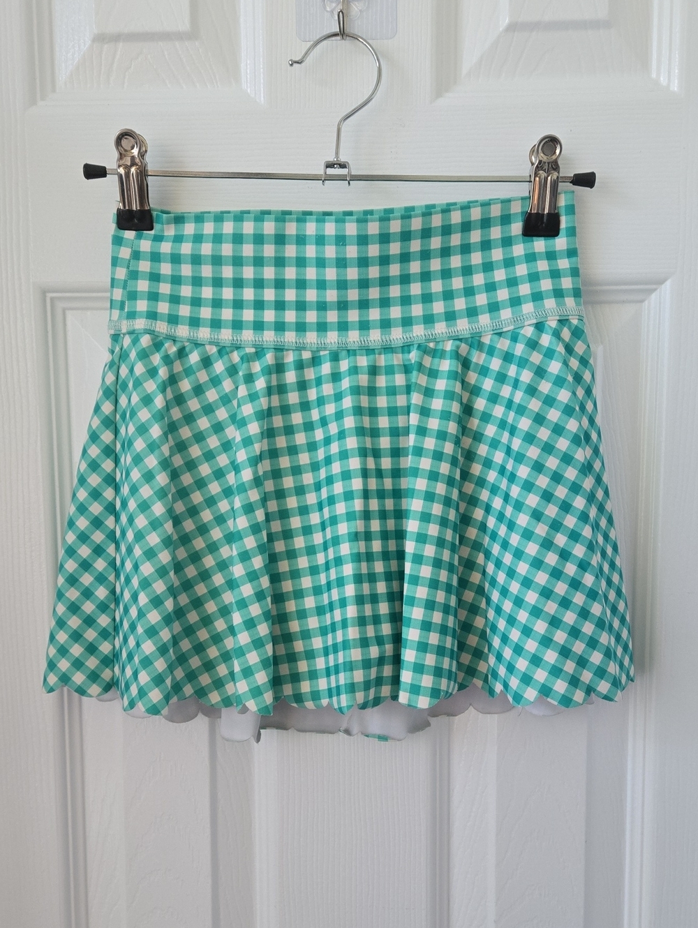 Target Kid Green & White Gingham One-Piece Swim Scalloped Skort, EUC